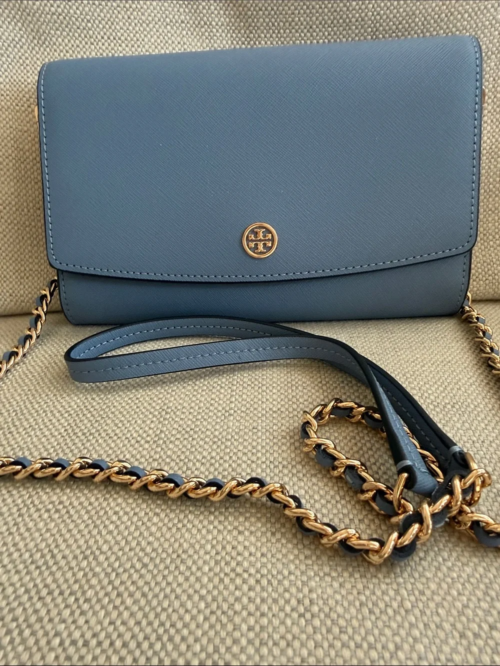 Tory Burch Blue Leather Crossbody with Gold Chain
